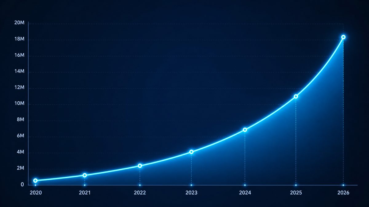 黄色仓库用户增长数据图表,展示2020-2026年注册用户从50万增长至1800万的趋势